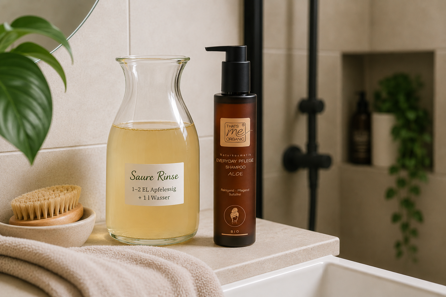 Saure Rinse mit Apfelessig und Naturshampoo im Badezimmer – natürliche Haarpflege während der Umgewöhnungsphase zu Naturshampoo