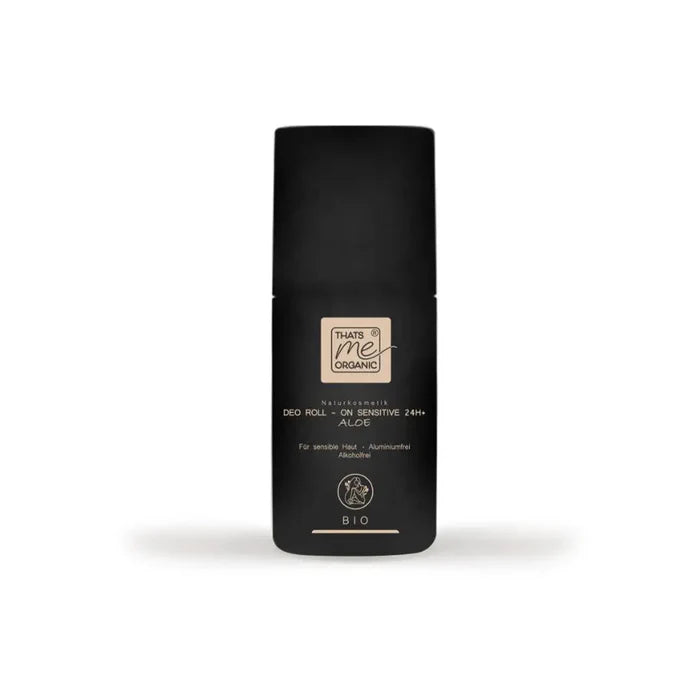 Schwarze Flasche des "THATS me ORGANIC" Deo Roll-on Sensitive 24H+ Aloe, Naturkosmetik für sensible Haut, Aluminium- und Alkoholfrei, mit BIO-Siegel.