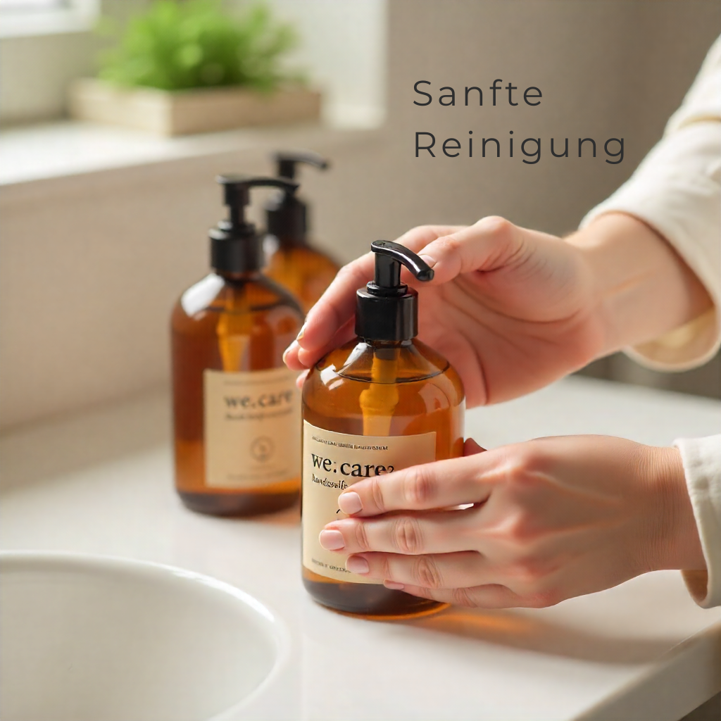 Hände bedienen eine braune Glas-Pumpflasche mit natürlicher Handseife am Waschbecken; im Hintergrund weitere Seifenflaschen, warmes Tageslicht und dezente Pflanzen – ruhige Badezimmer-Szene mit dem Schriftzug ‚Sanfte Reinigung‘, Fokus auf schonende, bewusste Körperpflege.