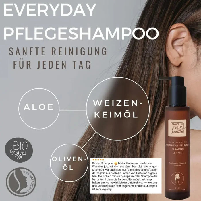 Zutaten-Infografik zum flüssigen Everyday Pflege Shampoo Aloe bei idery: In der Mitte ist die braune Spenderflasche von 'thats me organic' abgebildet. Umgeben ist sie von Illustrationen der natürlichen Wirkstoffe, die mit Linien zum Produkt führen: Bio-Aloe Vera, Oliven-Fruchtextrakt, Rosmarin, Moringasamen-Extrakt und Haferprotein. Am unteren Bildrand steht der weiße Schriftzug 'BIOLOGISCHE INHALTSSTOFFE' auf braunem Grund.