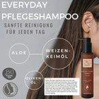 Zutaten-Infografik zum flüssigen Everyday Pflege Shampoo Aloe bei idery: In der Mitte ist die braune Spenderflasche von 'thats me organic' abgebildet. Umgeben ist sie von Illustrationen der natürlichen Wirkstoffe, die mit Linien zum Produkt führen: Bio-Aloe Vera, Oliven-Fruchtextrakt, Rosmarin, Moringasamen-Extrakt und Haferprotein. Am unteren Bildrand steht der weiße Schriftzug 'BIOLOGISCHE INHALTSSTOFFE' auf braunem Grund.