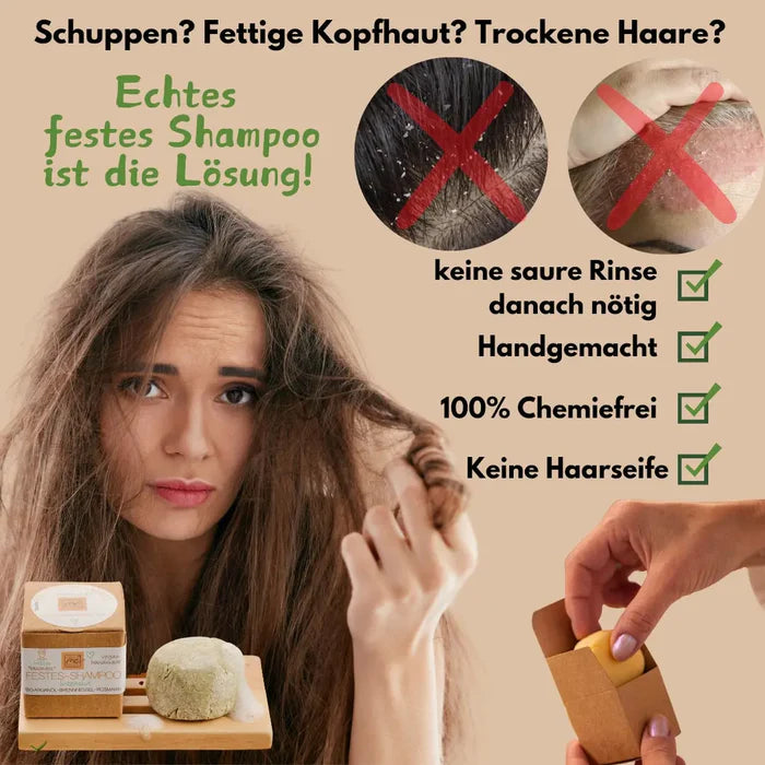 Infografik zum Thema Haarpflege bei idery: Die Grafik stellt die Fragen 'Schuppen? Fettige Kopfhaut? Trockene Haare?' und präsentiert echtes festes Shampoo als Lösung. Auf beigem Hintergrund sieht man eine unzufriedene Frau mit zerzaustem Haar sowie Detailbilder von Kopfhautproblemen, die rot durchgestrichen sind. Grüne Häkchen bestätigen die Produktvorteile: keine saure Rinse danach nötig, handgemacht, 100% chemiefrei und keine Haarseife. Unten links sind das feste Shampoo-Stück und seine Verpackung abgebi