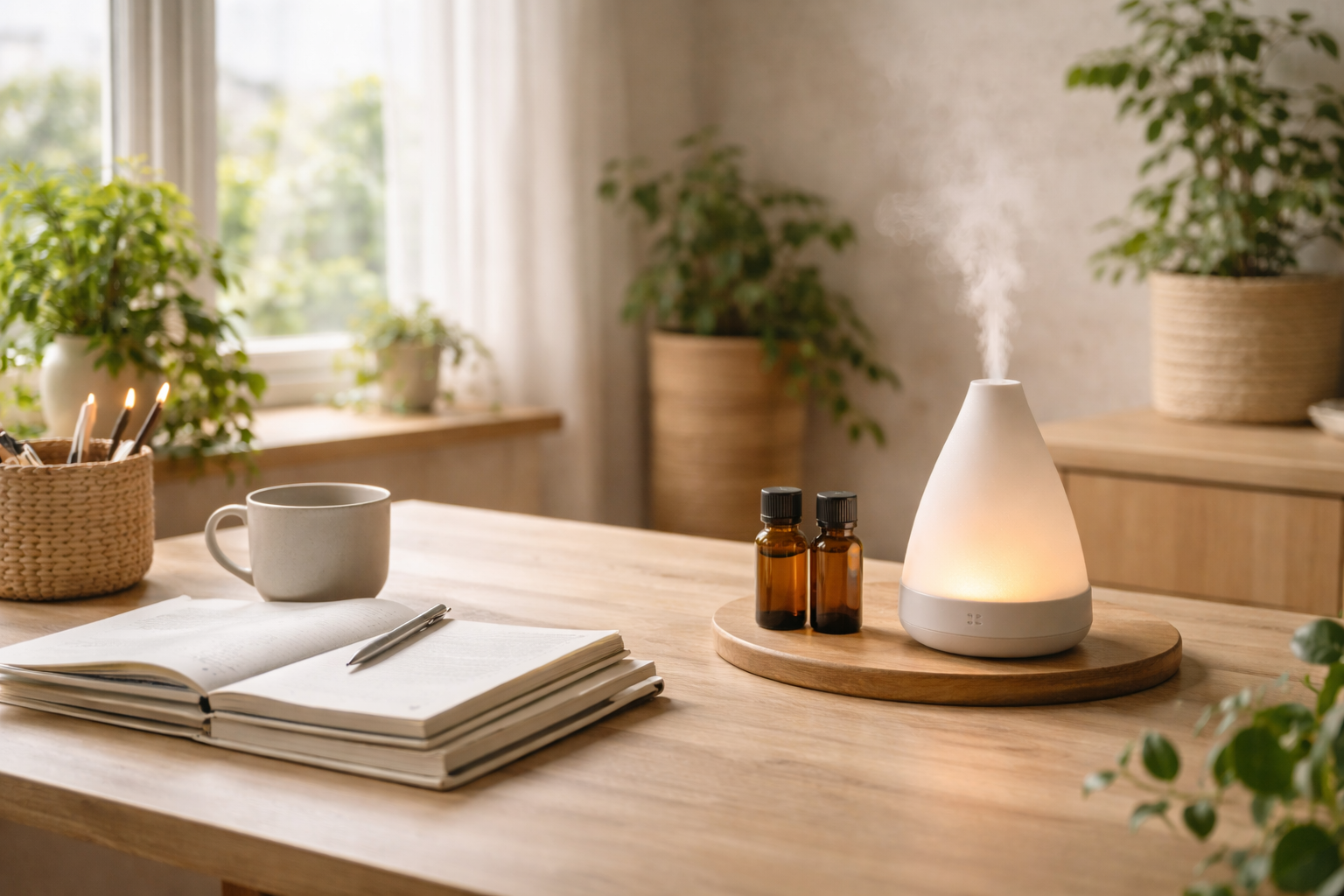 Natürliche Raumbeduftung mit idery: Ein weißer, sanft leuchtender Aroma-Diffuser steht dampfend auf einem Holztablett neben zwei kleinen Braunglasfläschchen mit ätherischen Ölen. Auf dem hellen Holzschreibtisch im Vordergrund liegen ein geöffnetes Notizbuch und eine Kaffeetasse. Viele grüne Zimmerpflanzen am Fenster schaffen eine inspirierende Wohlfühlatmosphäre.