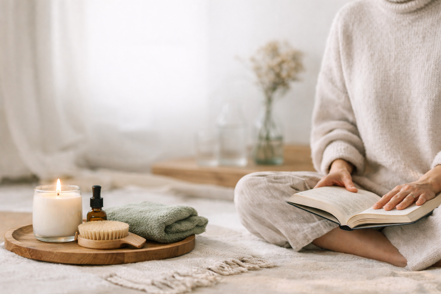 Gemütliche Routine für mehr Achtsamkeit: Eine Tasse Tee, ein offenes Buch und eine brennende Kerze auf einem Holztablett von idery aus Wilstedt. Perfekt für Entspannung und nachhaltige Self-Care.