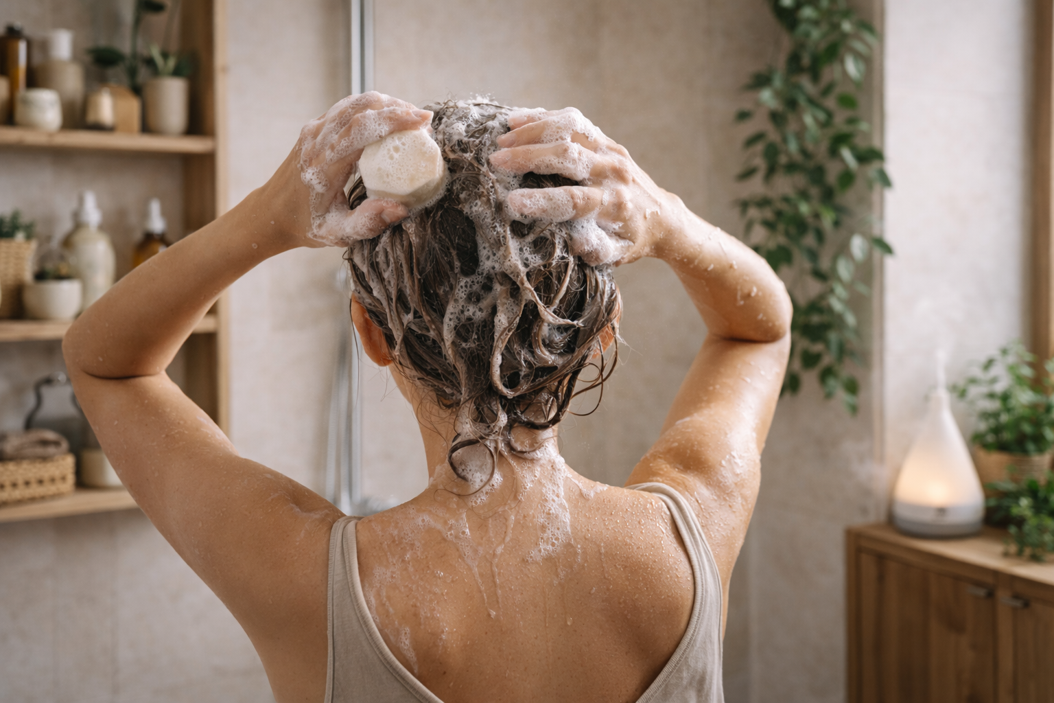 Nachhaltige Haarpflege mit idery: Eine Frau von hinten fotografiert wäscht sich die Haare unter der Dusche mit einem festen Shampoo-Bit. Es entsteht ein reichhaltiger, weißer Schaum. Im hell gestalteten Badezimmer sind im Hintergrund Holzregale mit Pflegeprodukten, hängende Grünpflanzen und ein sanft leuchtender Aroma-Diffuser zu sehen.