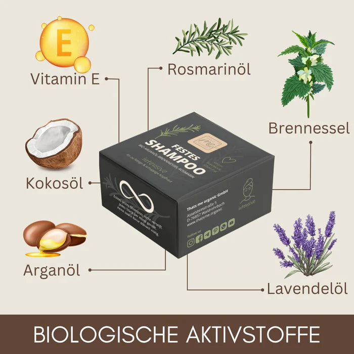 Produkt-Infografik zu den biologischen Aktivstoffen im festen Shampoo bei idery: Rund um die schwarze Produktverpackung sind die natürlichen Inhaltsstoffe grafisch dargestellt und beschriftet. Dazu gehören Vitamin E, Rosmarinöl, Brennnessel, Kokosöl, Arganöl und Lavendelöl. Am unteren Bildrand steht der Schriftzug 'Biologische Aktivstoffe'.