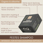 Infografik zum festen Shampoo 'intensive' von idery: Die schwarze Verpackung für echtes, nicht verseiftes festes Shampoo wird mit ihren wichtigsten Vorteilen präsentiert. Der Text hebt hervor, dass die Rezeptur organic, silikonfrei und ideal für fettige sowie schuppige Kopfhaut ist. Weitere Merkmale sind die handhergestellte Qualität, hohe Ergiebigkeit, gute Schaumbildung und dass keine saure Spülung nach der Anwendung nötig ist.