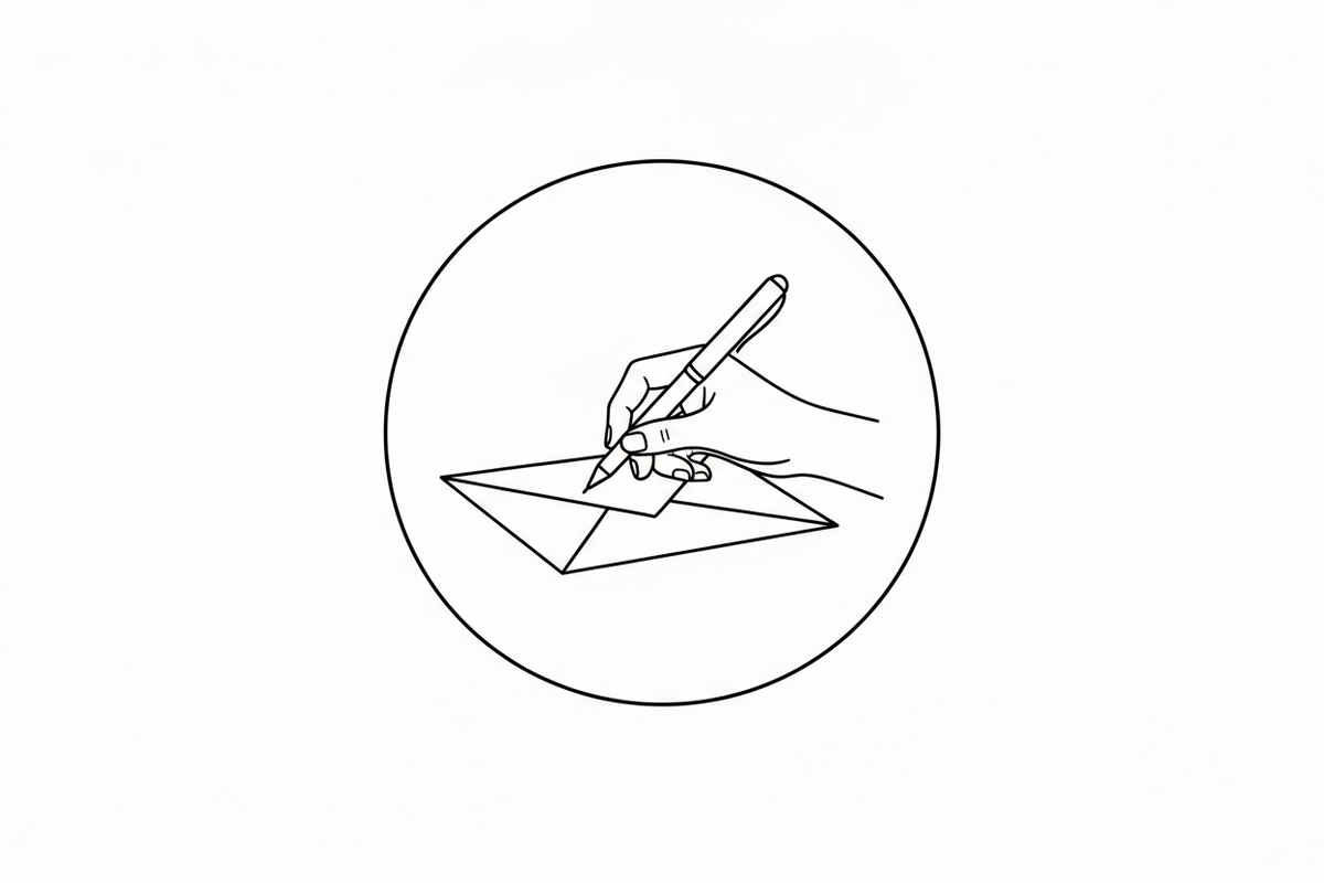 Kontakt aufnehmen mit idery: Minimalistisches Ikon, das eine Hand zeigt, die mit einem Stift auf einen Briefumschlag schreibt. Symbolisiert das Kontaktformular, um Feedback oder Fragen an uns zu senden.