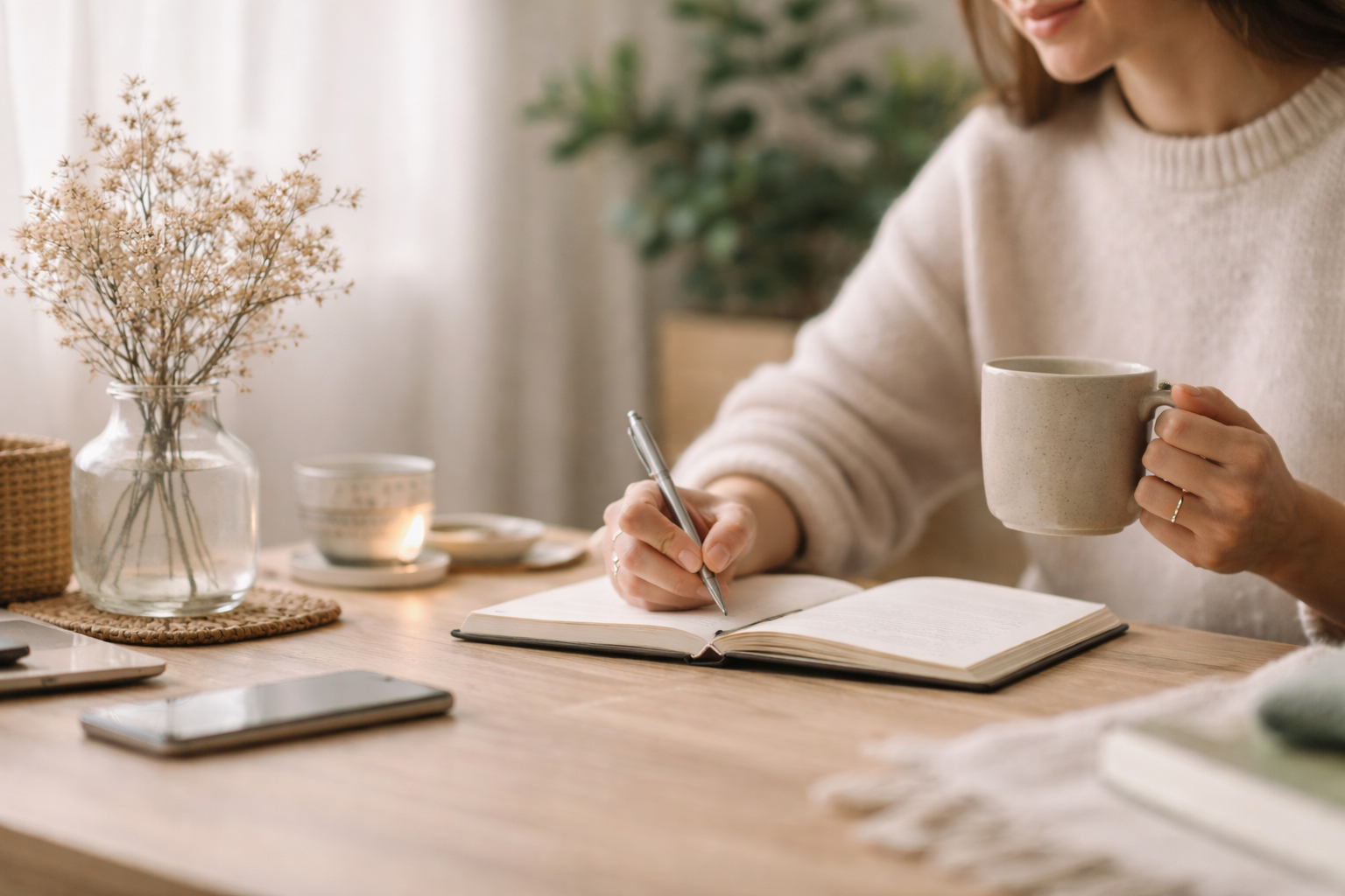 Persönlicher Service bei idery: Eine Frau sitzt entspannt an einem Holztisch, hält eine Tasse Tee und schreibt in ein Notizbuch. Die Szene mit Trockenblumen und Kerzenschein vermittelt die achtsame Atmosphäre unseres Kundenservice.