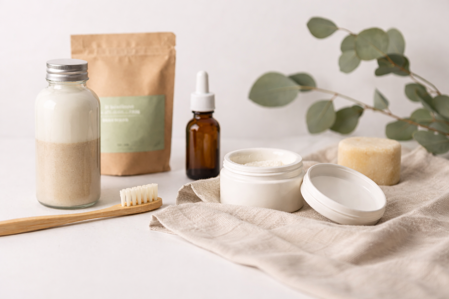 Ein helles und minimalistisches Sortiment von idery: Auf einem Leinentuch stehen eine geöffnete Dose mit Pflegecreme, ein festes Seifenstück und eine Zahnbürste aus Holz. Im Hintergrund ergänzen eine zweifarbige Glasflasche mit Aludeckel, ein Kraftpapier-Standbeutel, ein Pipettenfläschchen aus Braunglas und ein Eukalyptuszweig das umweltfreundliche Badezimmer-Ambiente.