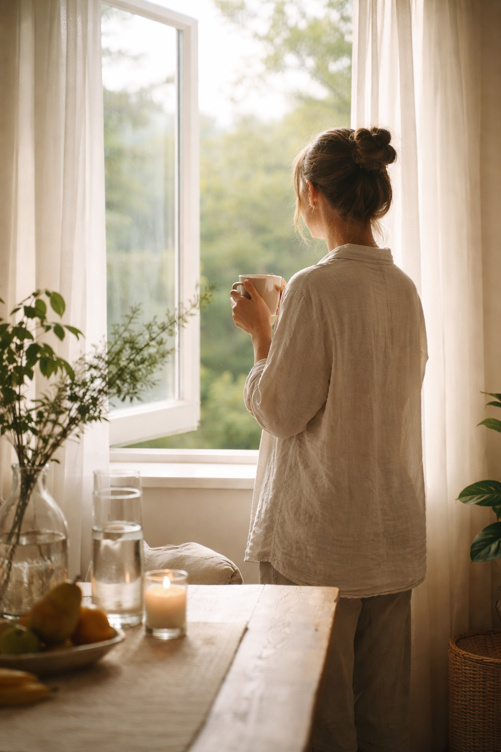 Authentisches Lebensgefühl bei idery: Eine Frau blickt entspannt aus einem weit geöffneten Fenster ins Grüne und genießt eine warme Tasse Tee. Im Vordergrund steht ein rustikaler Holztisch mit frischem Obst, einer brennenden Kerze und Pflanzen. Ein Sinnbild für nachhaltigen Lifestyle und bewusste Alltagsmomente.