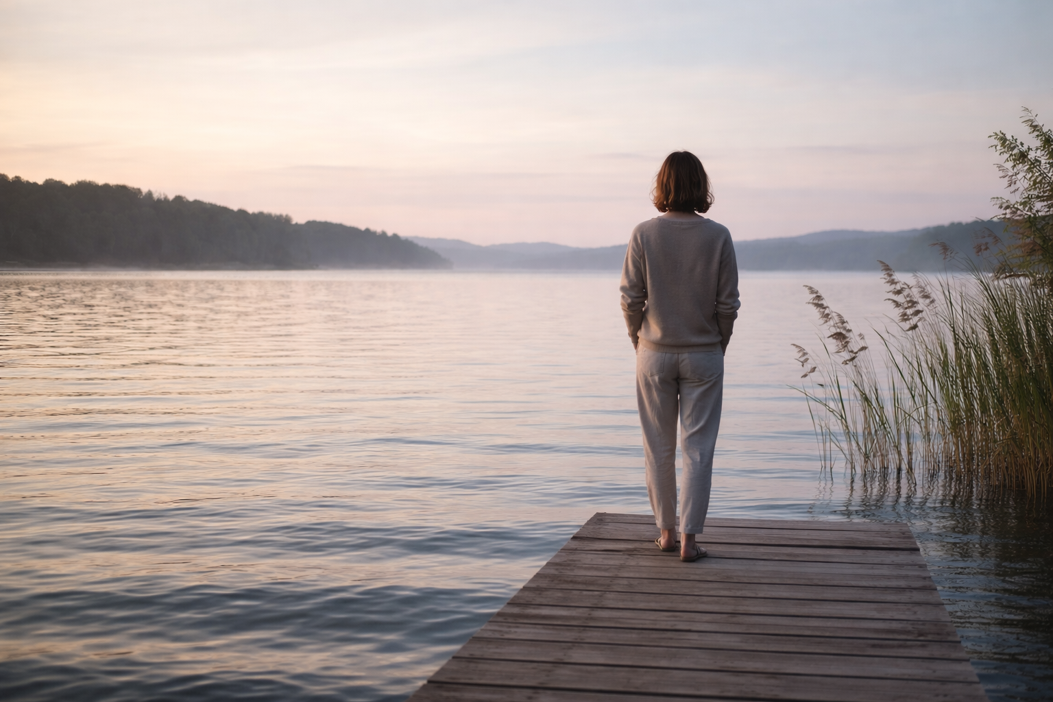Nachhaltigkeit leben mit idery: Eine Frau steht in ruhiger Abendstimmung auf einem Holzsteg und blickt über einen stillen See. Ein Moment der Stille und Naturverbundenheit, der unsere Philosophie von Achtsamkeit und ökologischer Verantwortung widerspiegelt.