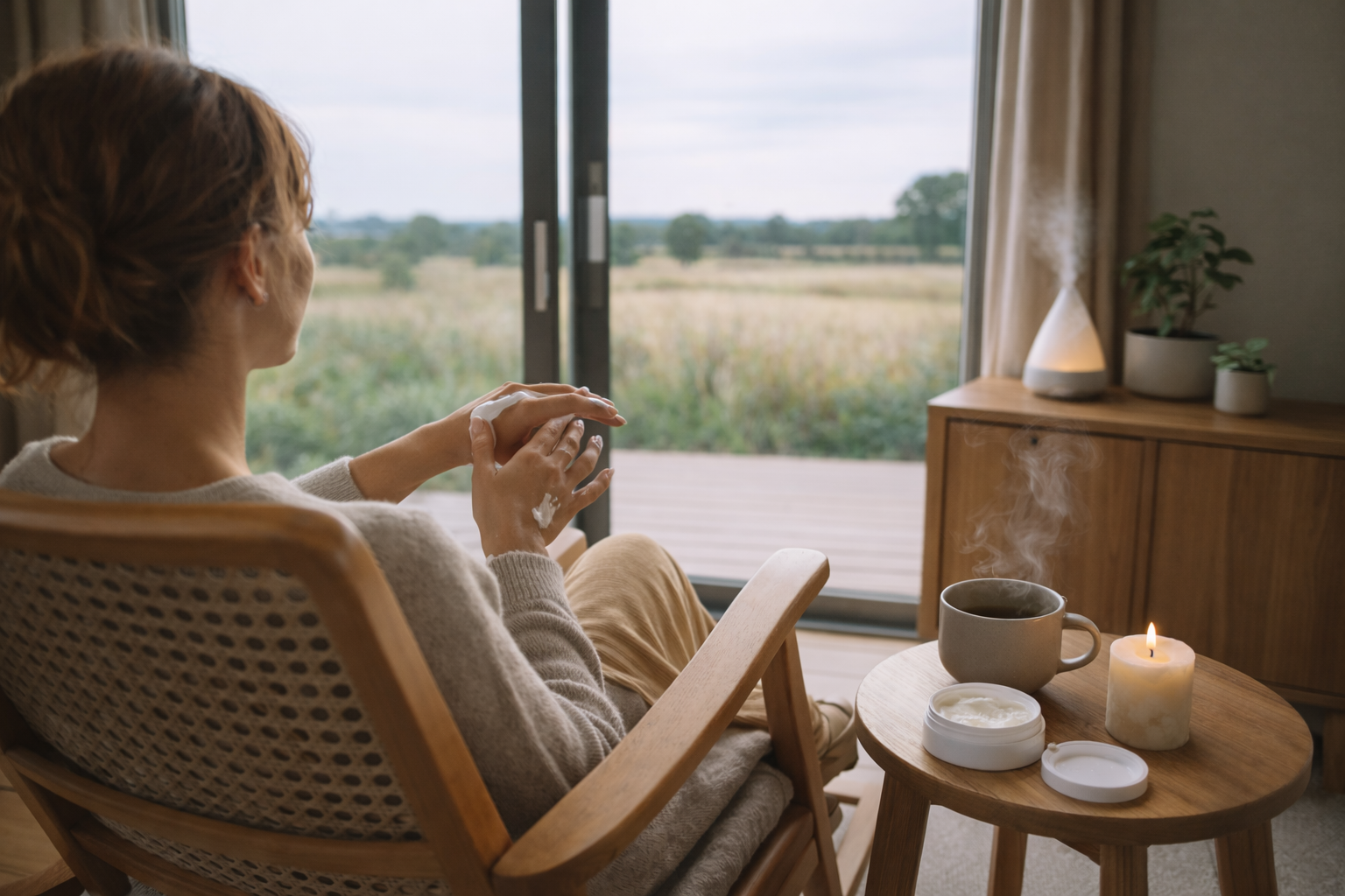 Achtsame Pflegeroutine mit idery: Eine Frau sitzt entspannt in einem Rattan-Sessel und trägt Handcreme auf. Auf dem Beistelltisch stehen eine geöffnete Dose mit Naturkosmetik, eine dampfende Tasse Tee und eine brennende Kerze. Im Hintergrund ein Aroma-Diffuser und große Fenster mit Blick ins Grüne. Ein Sinnbild für nachhaltige Selfcare.