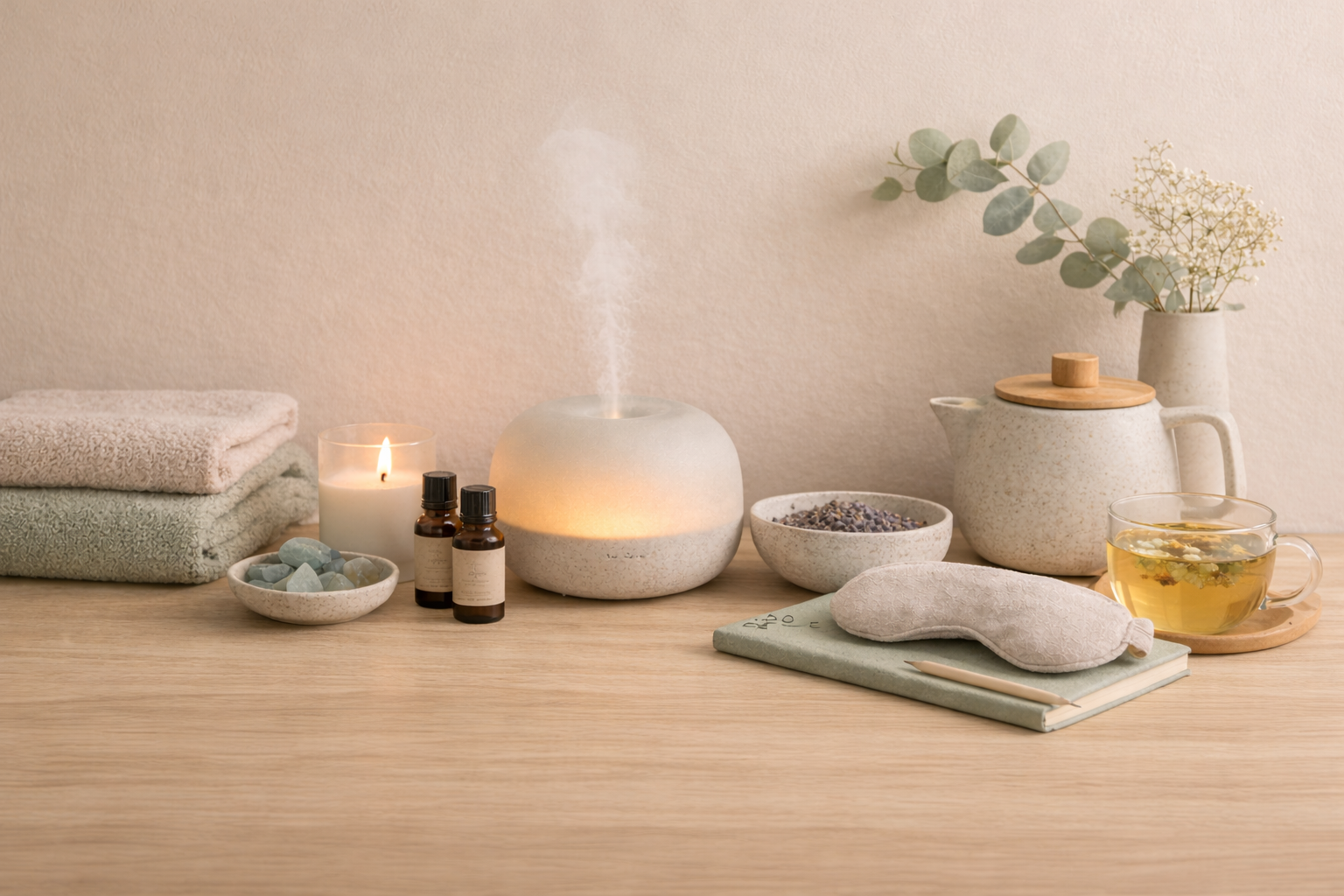 Ganzheitliche Ruhe und Entspannung mit idery: Ein atmosphärisches Stillleben auf einem Holztisch mit Diffuser, ätherischen Ölen, einer brennenden Kerze, Kräutertee und einer Schlafmaske. Diese Wellness-Routine aus Wilstedt fördert Achtsamkeit und inneres Wohlbefinden im Alltag.