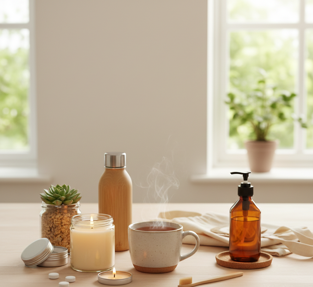Der idery Hero-Banner für ein achtsames Zuhause: Auf einem hellen Holztisch steht eine dampfende Tasse Tee neben einer brennenden Kerze, einer nachhaltigen Trinkflasche aus Holz und einem Glas-Lotionspender. Im Hintergrund erhellen große Fenster mit Blick ins Grüne die Szene, ergänzt durch eine kleine Sukkulente. Ganzheitliches Wohlbefinden und ökologische Produkte.