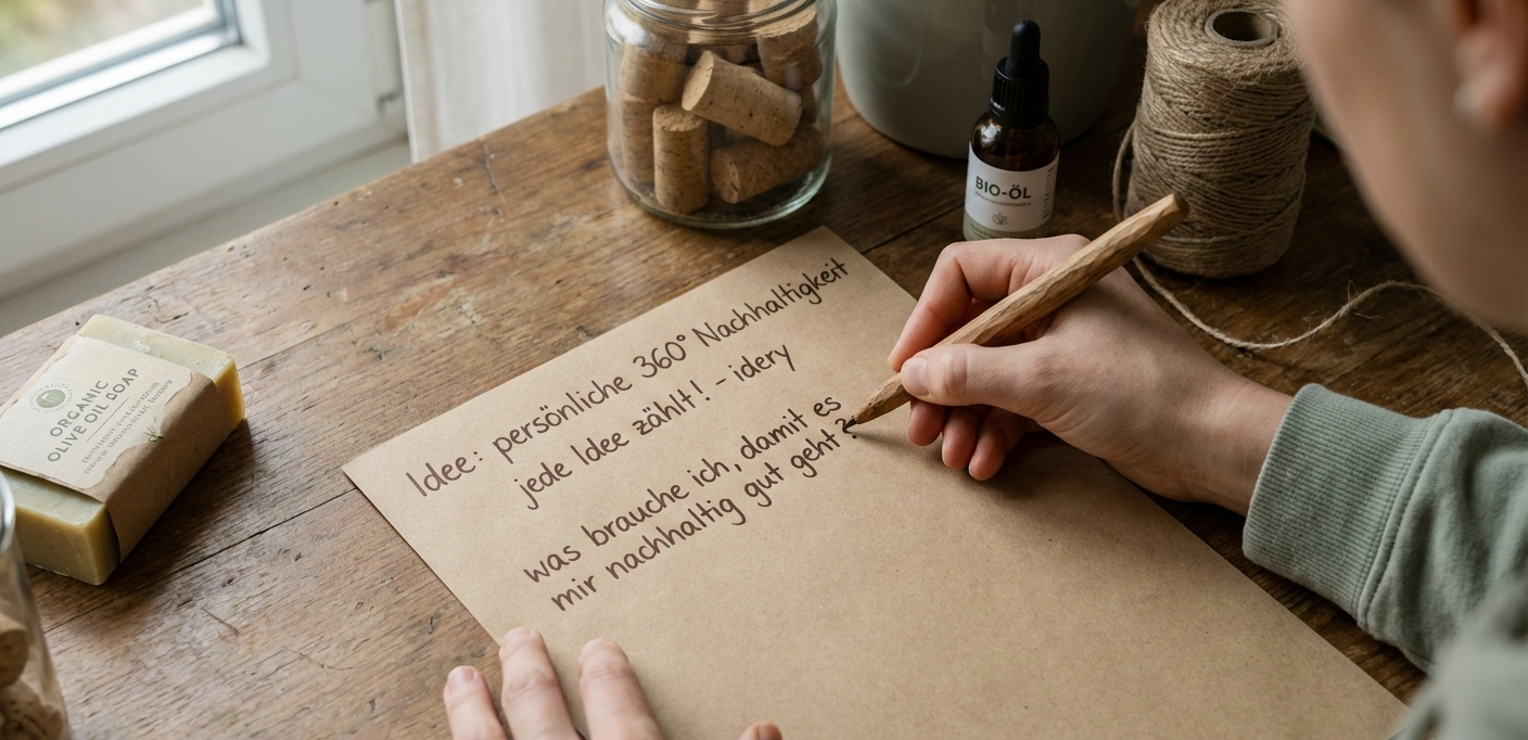 Ein Blick hinter die Kulissen der idery Story: Eine Person schreibt mit einem Holzstift auf Recyclingpapier über die Idee der persönlichen 360 Grad Nachhaltigkeit. Auf dem rustikalen Holztisch liegen Bio-Öl, Bio-Olivenölseife und Naturmaterialien – ein Symbol für Achtsamkeit und authentische Werte.