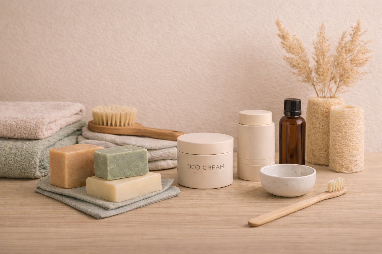 Minimalistisches Stillleben nachhaltiger Körperpflegeprodukte: feste Seifen in Naturfarben, gefaltete Handtücher, Holz-Nagelbürste, Deo-Creme in schlichter Dose, Glasflasche mit Öl, Bambuszahnbürste und Natur-Schwämme auf hellem Holztisch vor warmem, neutralem Hintergrund – ruhige Ästhetik für bewusste Körperpflege.
