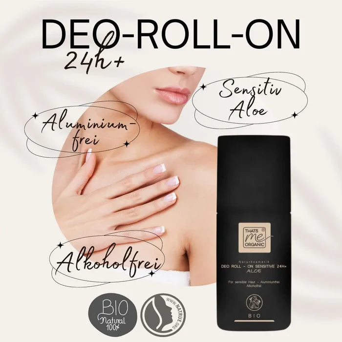 Infografik zum THATS me ORGANIC Bio Deo Roll-on „Sensitive 24H+“ mit Produktvorteilen: Für empfindliche Haut, Anwendung direkt nach der Rasur, ohne Alkohol und Aluminium, für Mann und Frau sowie hautpflegend.