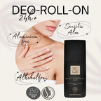 Infografik zum THATS me ORGANIC Bio Deo Roll-on „Sensitive 24H+“ mit Produktvorteilen: Für empfindliche Haut, Anwendung direkt nach der Rasur, ohne Alkohol und Aluminium, für Mann und Frau sowie hautpflegend.