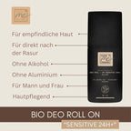 Infografik zum THATS me ORGANIC Bio Deo Roll-on „Sensitive 24H+“ mit Produktvorteilen: Für empfindliche Haut, Anwendung direkt nach der Rasur, ohne Alkohol und Aluminium, für Mann und Frau sowie hautpflegend.