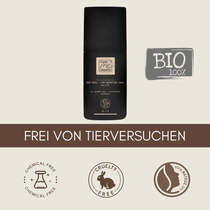 Infobanner des THATS me ORGANIC Deo Roll-ons mit dem Text „FREI VON TIERVERSUCHEN“. Gezeigt werden zudem Symbole für „BIO 100%“, „Chemical Free“, „Cruelty Free“ (Hase) und das NATRUE-Siegel für zertifizierte Naturkosmetik.