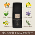 Infografik zu den biologischen Inhaltsstoffen des THATS me ORGANIC Deo Roll-ons: Orange, Zitrone, Aloe Vera, Lavendel, Olive und Rosmarin werden mit passenden Illustrationen um das Produkt herum dargestellt.