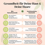 Infografik „Gesundheit für Deine Haut & Deine Haare“. Ein tabellarischer Vergleich zeigt die Vorteile von Bio-Naturkosmetik (z. B. Bio-zertifiziert, natürliche Öle, pestizidfrei) gegenüber herkömmlicher Kosmetik (z. B. Mikroplastik, Silikone, chemische Zusatzstoffe).