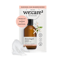 Duschgel-Granulat von we:care² zum Selbermischen mit Jasmin und grünem Tee. Grafik zeigt einen Beutel mit abgebildeter Flasche und weißes Granulat mit dem Hinweis: Granulat plus Wasser ergibt Duschgel.